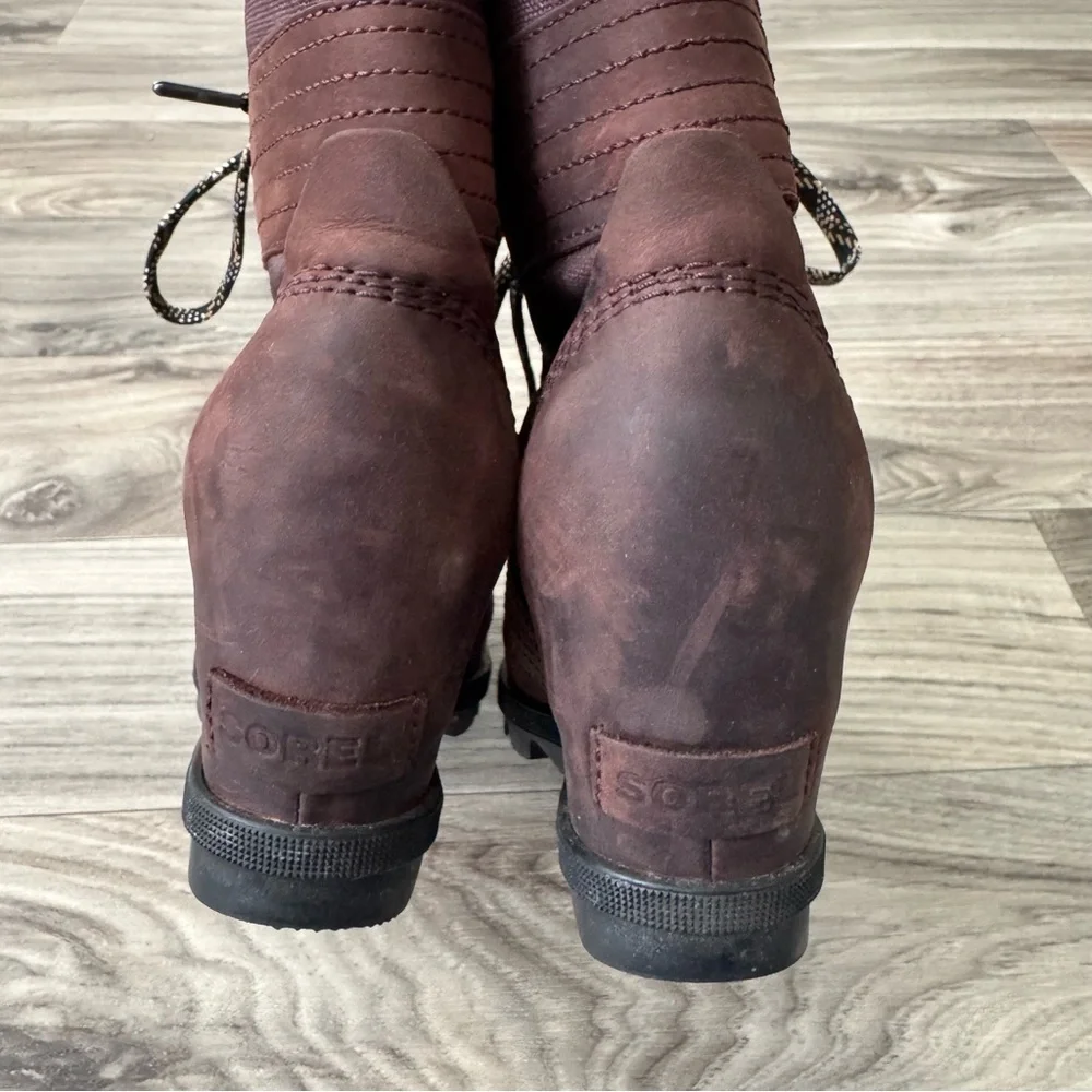 Sorel Women's Lexie Wedge Boots in Cattail Brown Leather Size 7.5